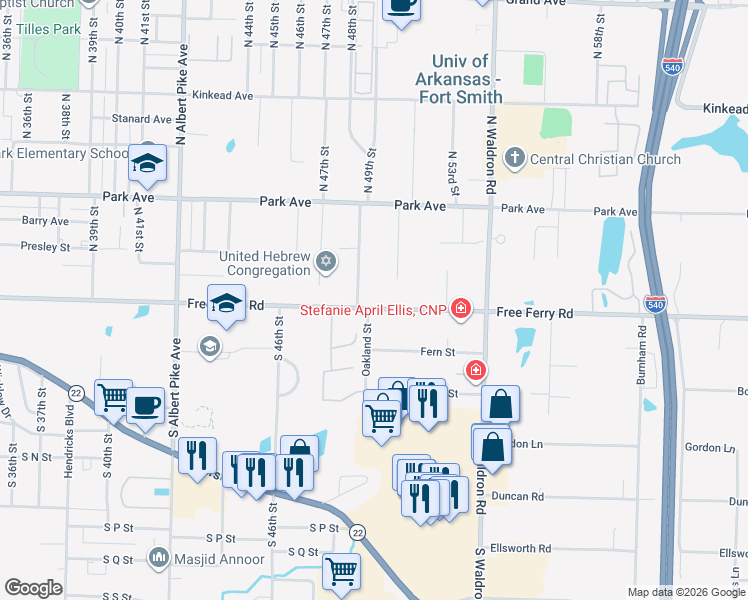 map of restaurants, bars, coffee shops, grocery stores, and more near 4906 Free Ferry Road in Fort Smith