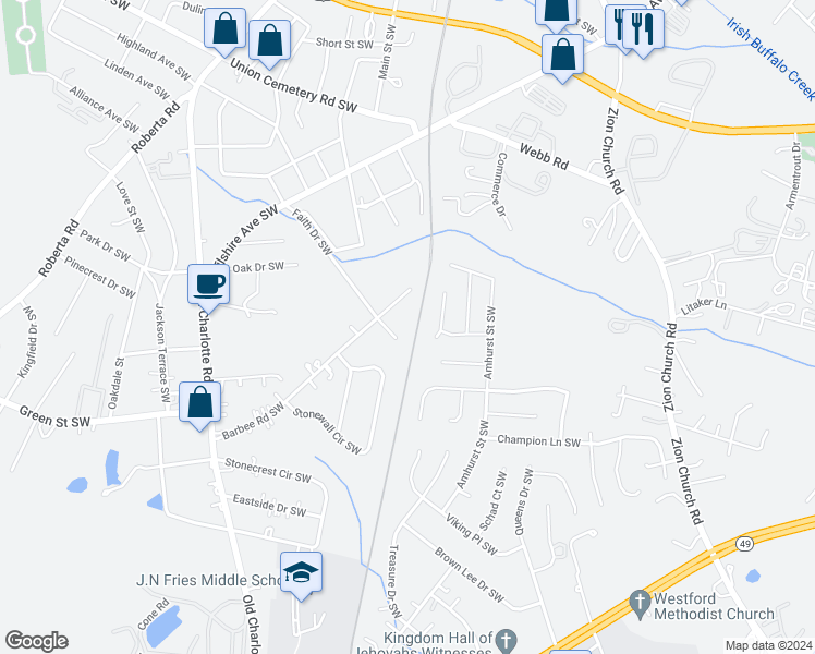 map of restaurants, bars, coffee shops, grocery stores, and more near 653 Faith Drive Southwest in Concord