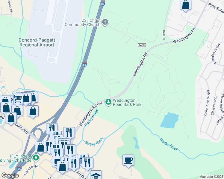 map of restaurants, bars, coffee shops, grocery stores, and more near 7850 Waterway Drive Northwest in Concord