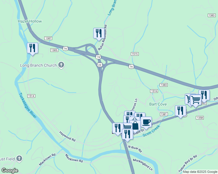 map of restaurants, bars, coffee shops, grocery stores, and more near 8D Dillsboro Road in Sylva