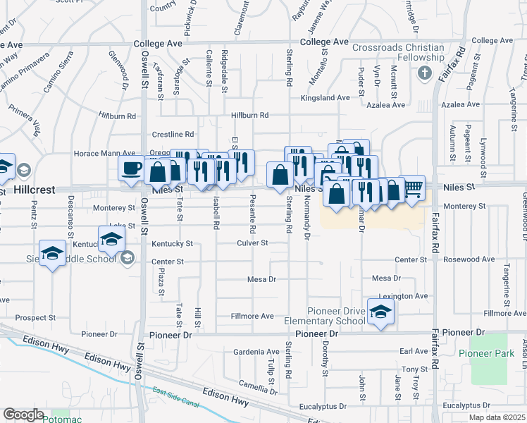 map of restaurants, bars, coffee shops, grocery stores, and more near 3404 Lake Street in Bakersfield