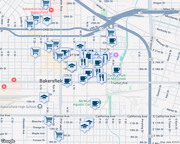 map of restaurants, bars, coffee shops, grocery stores, and more near 1000 17th Street in Bakersfield