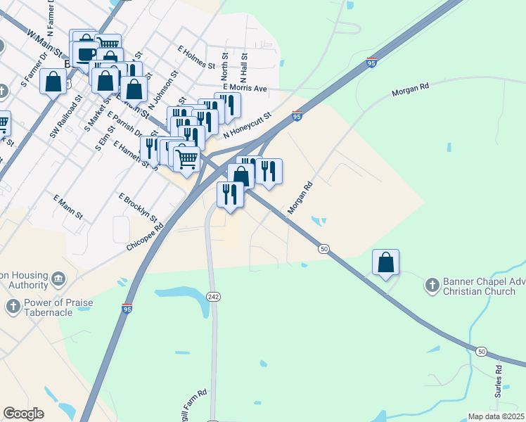 map of restaurants, bars, coffee shops, grocery stores, and more near 1004 East Main Street in Benson