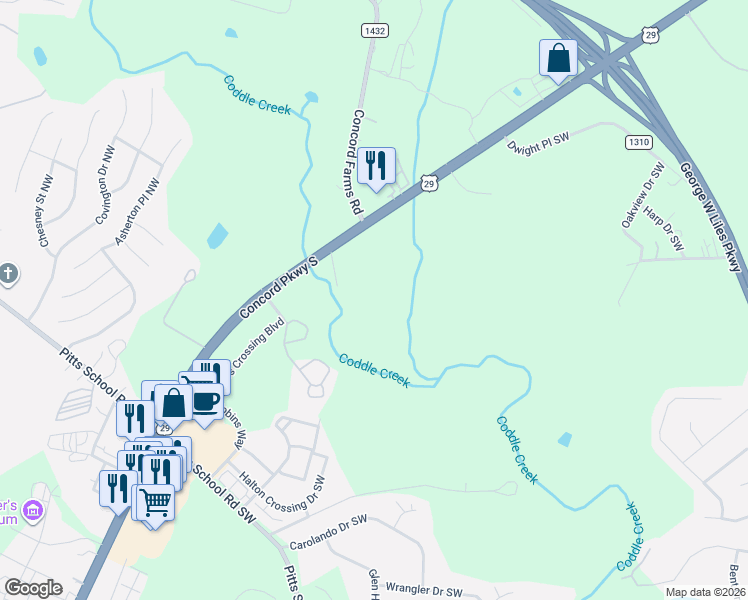 map of restaurants, bars, coffee shops, grocery stores, and more near 403 Samuel Adams Circle Southwest in Concord