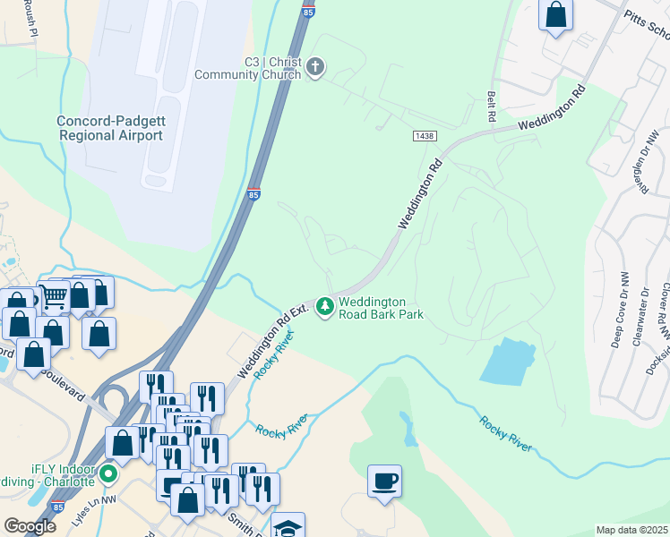 map of restaurants, bars, coffee shops, grocery stores, and more near 7850 Waterway Drive Northwest in Concord