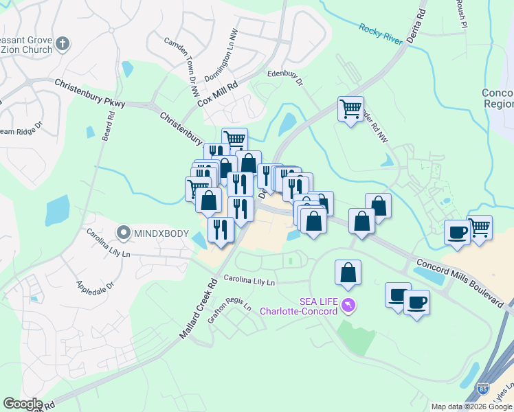 map of restaurants, bars, coffee shops, grocery stores, and more near 2926 Derita Road in Concord