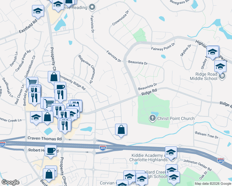 map of restaurants, bars, coffee shops, grocery stores, and more near 6016 Waverly Lynn Lane in Charlotte