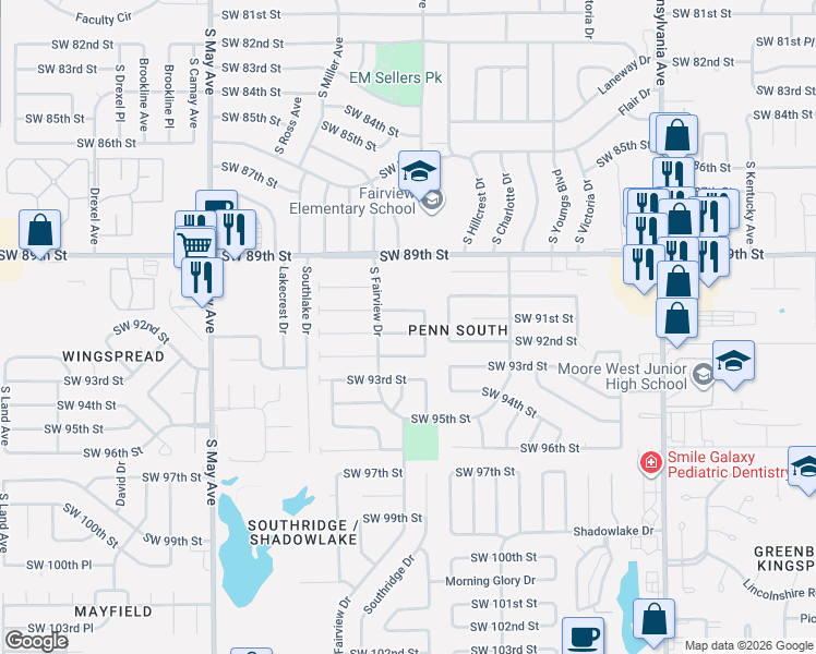map of restaurants, bars, coffee shops, grocery stores, and more near 2520 Southwest 91st Street in Oklahoma City