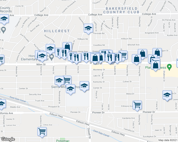 map of restaurants, bars, coffee shops, grocery stores, and more near 1120 Oswell Street in Bakersfield
