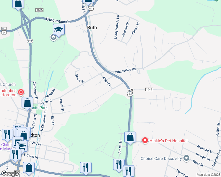 map of restaurants, bars, coffee shops, grocery stores, and more near 381 Collett Street in Rutherfordton