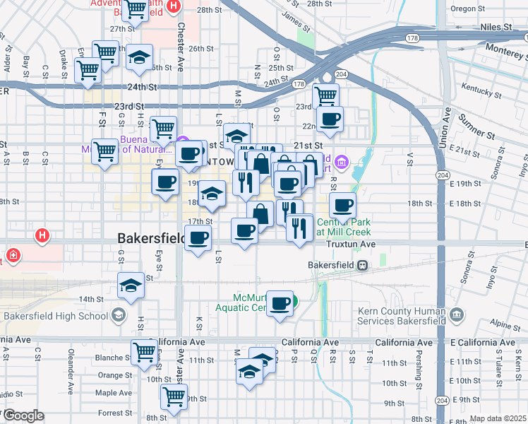map of restaurants, bars, coffee shops, grocery stores, and more near 1000 17th Street in Bakersfield