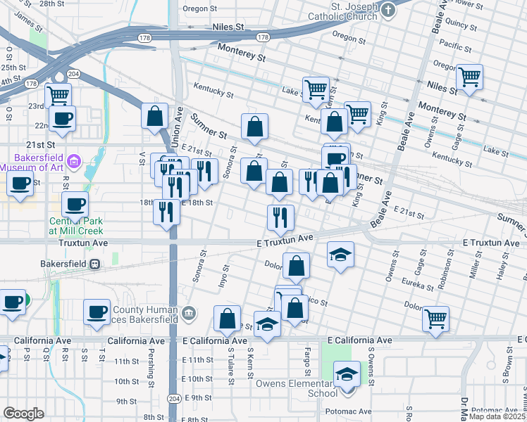 map of restaurants, bars, coffee shops, grocery stores, and more near 426 East 18th Street in Bakersfield