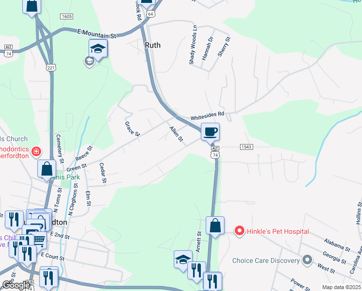 map of restaurants, bars, coffee shops, grocery stores, and more near 381 Collett Street in Rutherfordton