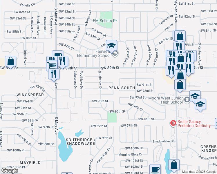 map of restaurants, bars, coffee shops, grocery stores, and more near 2520 Southwest 91st Street in Oklahoma City