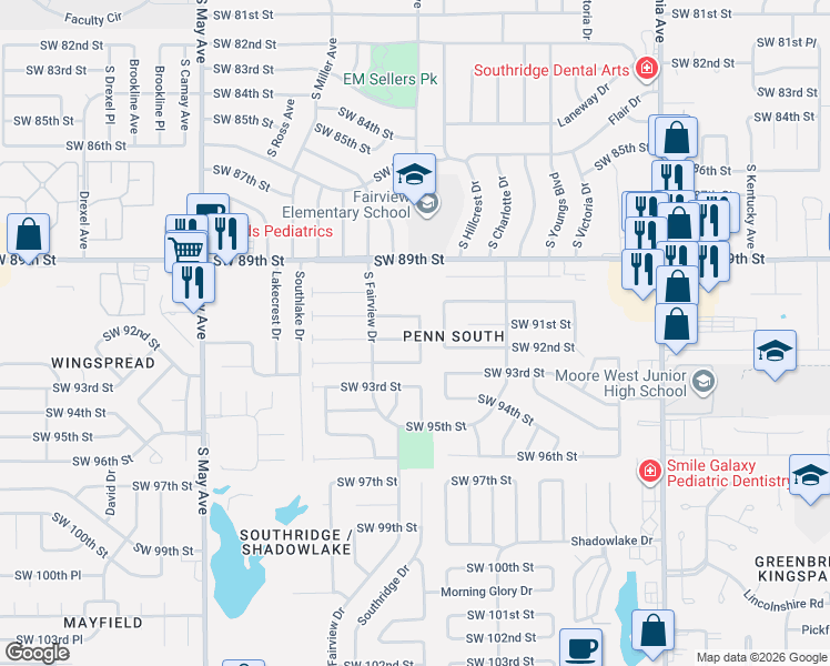 map of restaurants, bars, coffee shops, grocery stores, and more near 9200 South Villa Avenue in Oklahoma City
