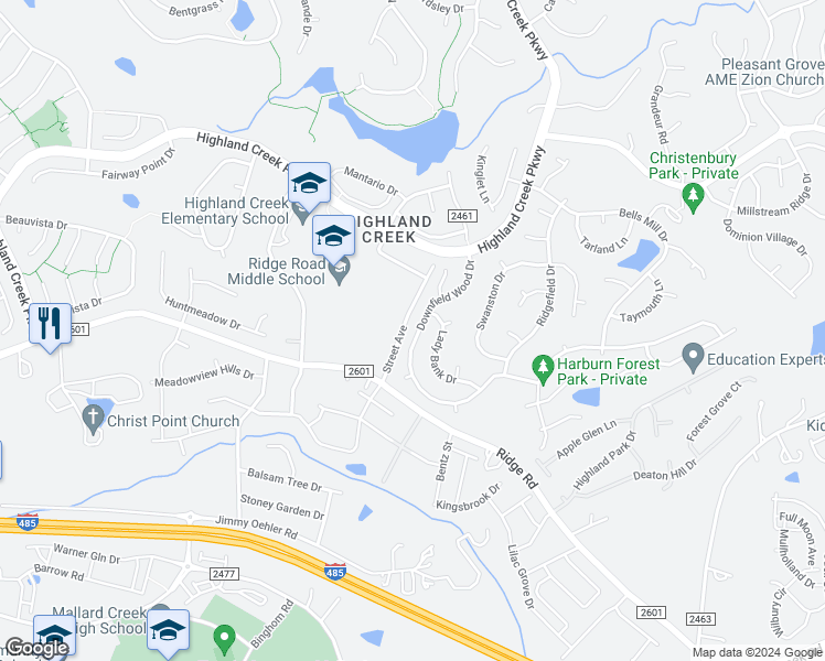 map of restaurants, bars, coffee shops, grocery stores, and more near 5928 Downfield Wood Drive in Charlotte