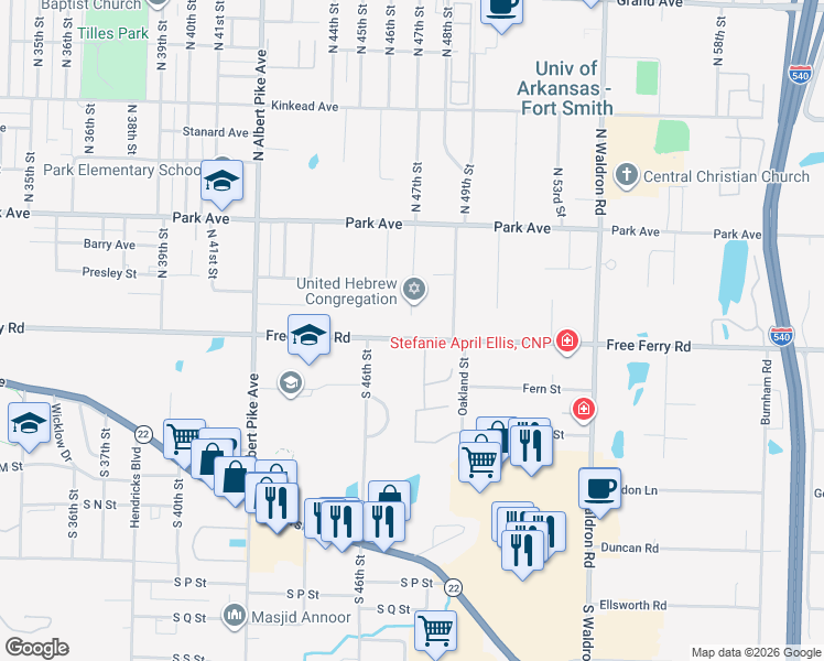 map of restaurants, bars, coffee shops, grocery stores, and more near 4627 Free Ferry Road in Fort Smith
