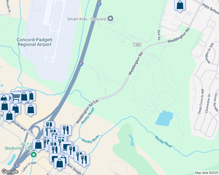 map of restaurants, bars, coffee shops, grocery stores, and more near 7850 Waterway Drive Northwest in Concord