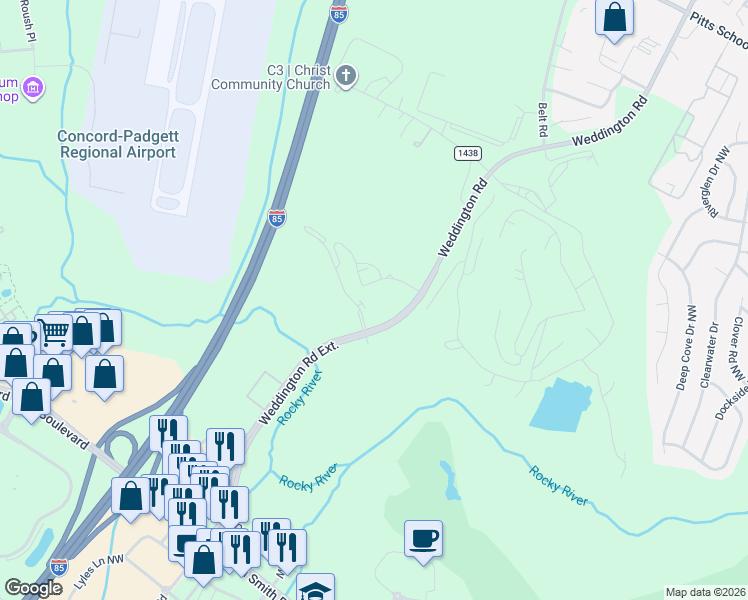 map of restaurants, bars, coffee shops, grocery stores, and more near 7850 Waterway Drive Northwest in Concord