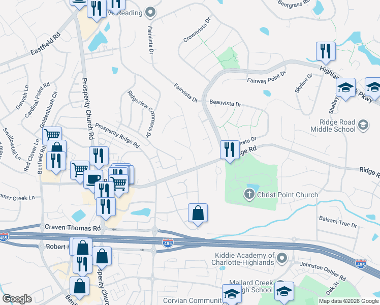 map of restaurants, bars, coffee shops, grocery stores, and more near 6016 Waverly Lynn Lane in Charlotte