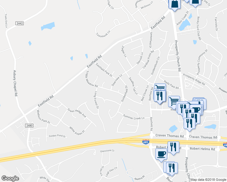 map of restaurants, bars, coffee shops, grocery stores, and more near 9290 Foggy Meadow Road in Charlotte
