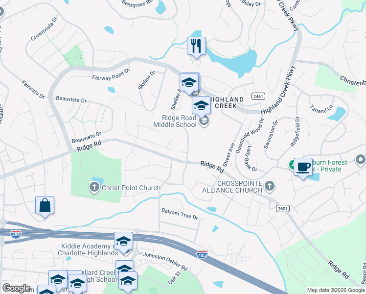 map of restaurants, bars, coffee shops, grocery stores, and more near 3901 Huntmeadow Drive in Charlotte