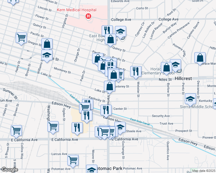 map of restaurants, bars, coffee shops, grocery stores, and more near Mount Vernon Avenue & Monterey Street in Bakersfield