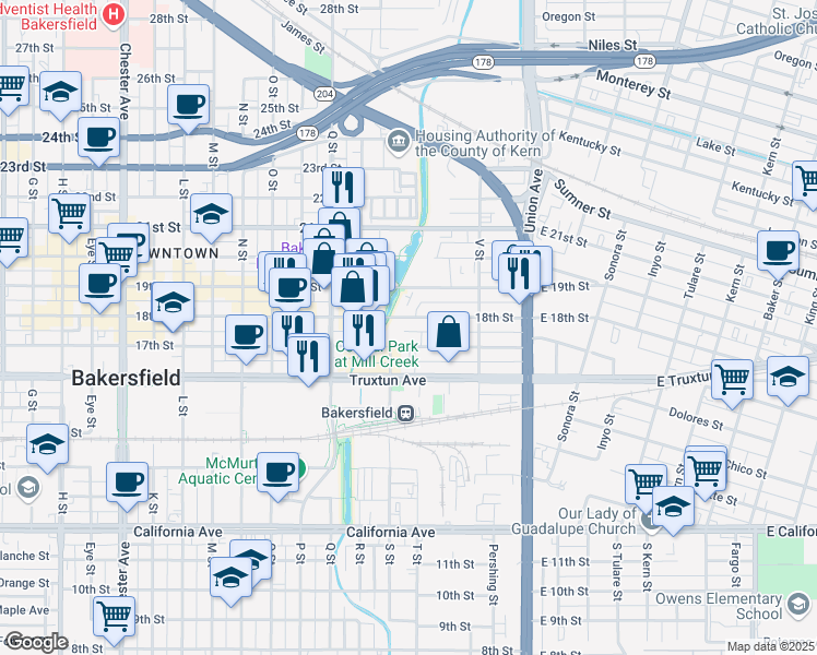 map of restaurants, bars, coffee shops, grocery stores, and more near 428 17th Street in Bakersfield