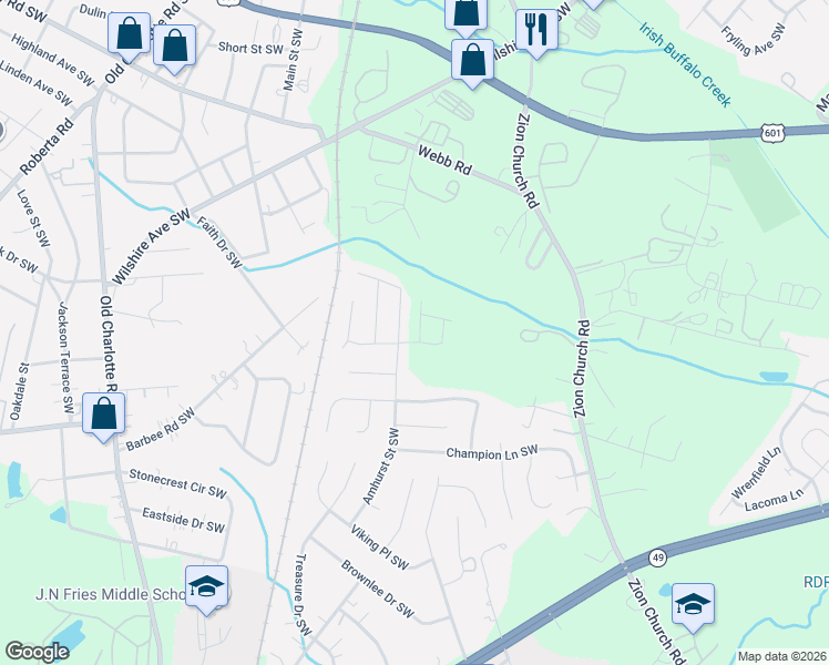 map of restaurants, bars, coffee shops, grocery stores, and more near 503 Amhurst Street Southwest in Concord