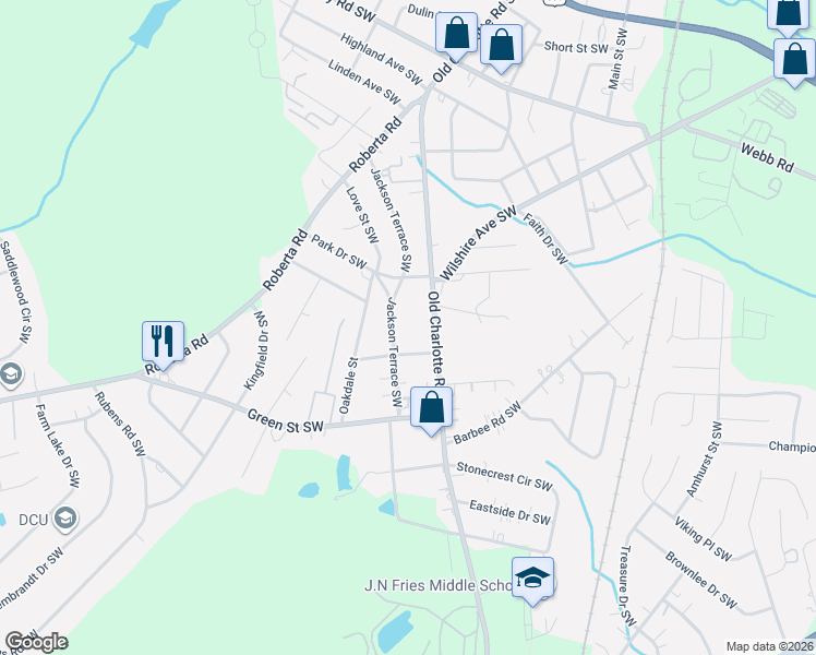 map of restaurants, bars, coffee shops, grocery stores, and more near 34 Admiral Avenue Southwest in Concord