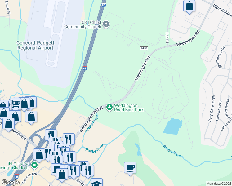 map of restaurants, bars, coffee shops, grocery stores, and more near 7850 Waterway Drive Northwest in Concord