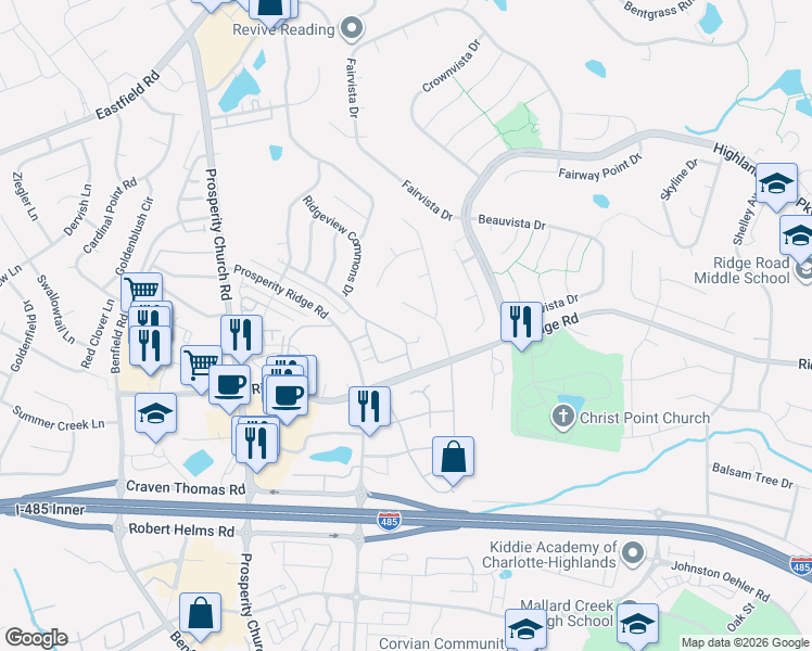 map of restaurants, bars, coffee shops, grocery stores, and more near 5537 Ridge Path Lane in Charlotte