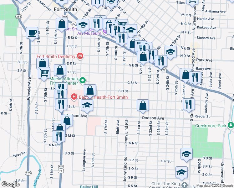 map of restaurants, bars, coffee shops, grocery stores, and more near 922 South 18th Street in Fort Smith