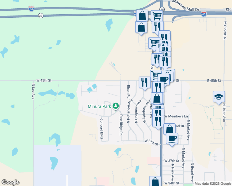 map of restaurants, bars, coffee shops, grocery stores, and more near 3 Rock Hollow in Shawnee
