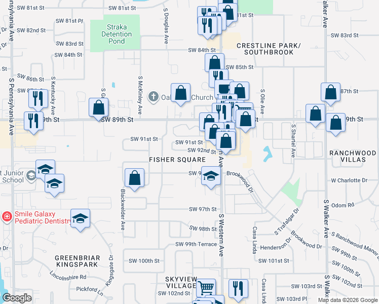 map of restaurants, bars, coffee shops, grocery stores, and more near 1005 Southwest 93rd Street in Oklahoma City
