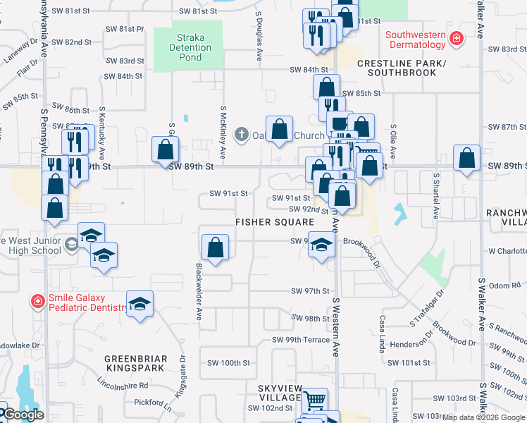 map of restaurants, bars, coffee shops, grocery stores, and more near 1033 Southwest 93rd Street in Oklahoma City