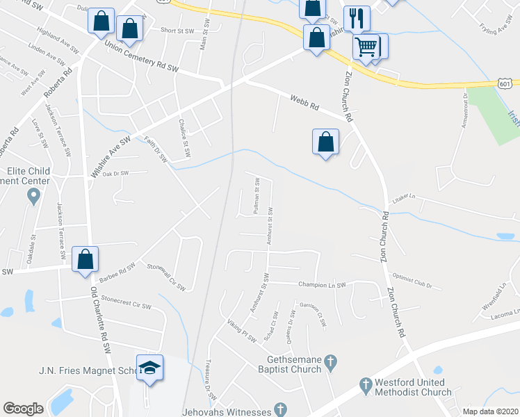 map of restaurants, bars, coffee shops, grocery stores, and more near 506 Pullman Street Southwest in Concord
