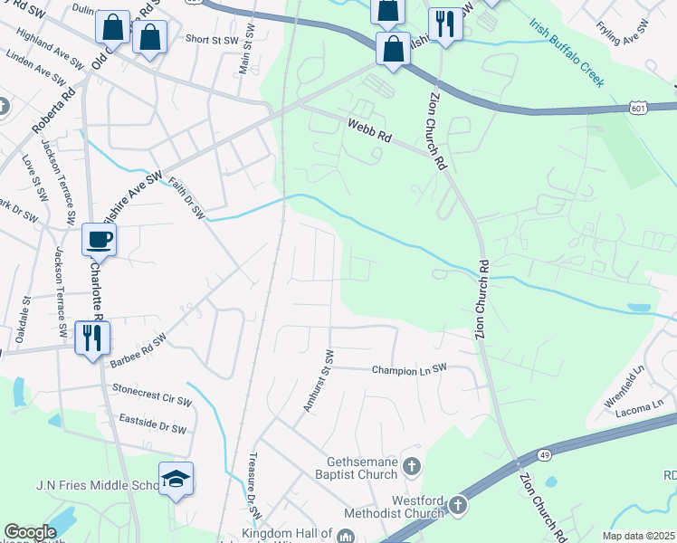 map of restaurants, bars, coffee shops, grocery stores, and more near 503 Amhurst Street Southwest in Concord