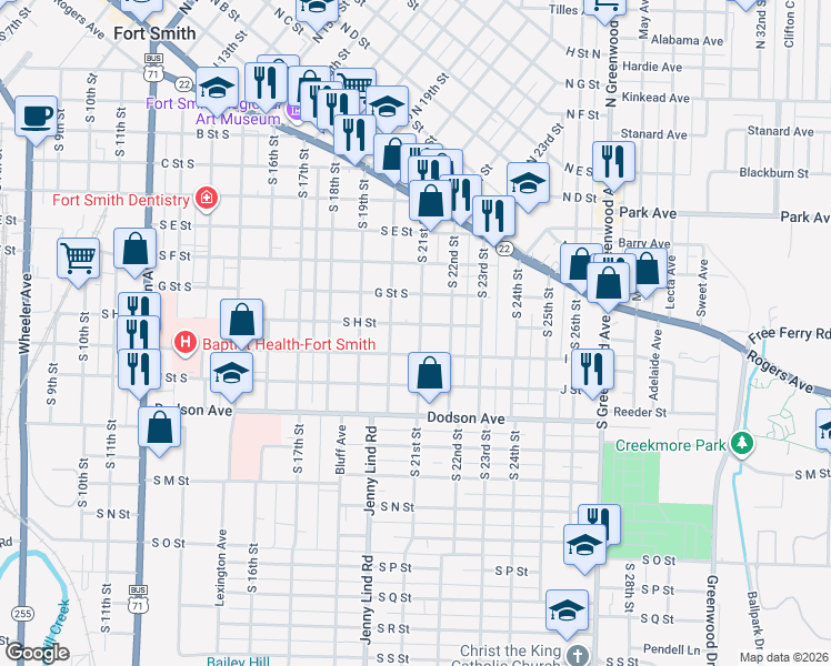 map of restaurants, bars, coffee shops, grocery stores, and more near 904 South 21st Street in Fort Smith