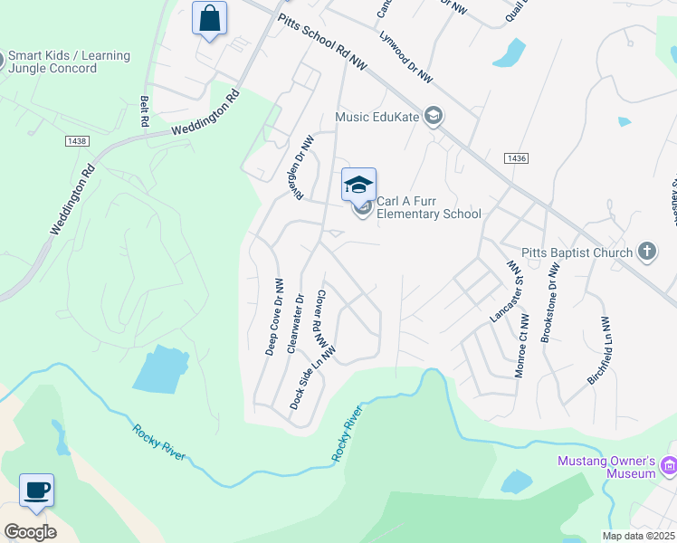 map of restaurants, bars, coffee shops, grocery stores, and more near 2888 Clover Road Northwest in Concord