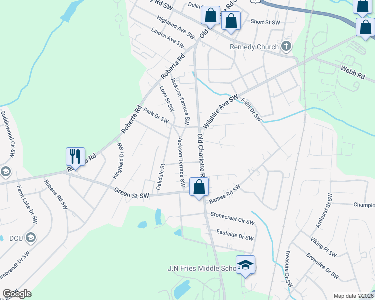 map of restaurants, bars, coffee shops, grocery stores, and more near 34 Admiral Avenue Southwest in Concord