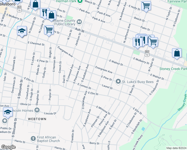 map of restaurants, bars, coffee shops, grocery stores, and more near 300 South Oleander Avenue in Goldsboro
