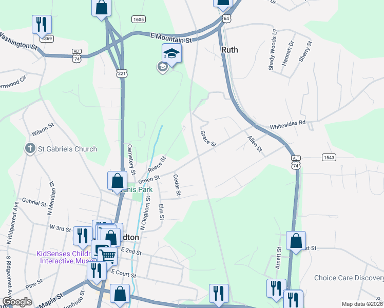 map of restaurants, bars, coffee shops, grocery stores, and more near 302 Green Street in Rutherfordton