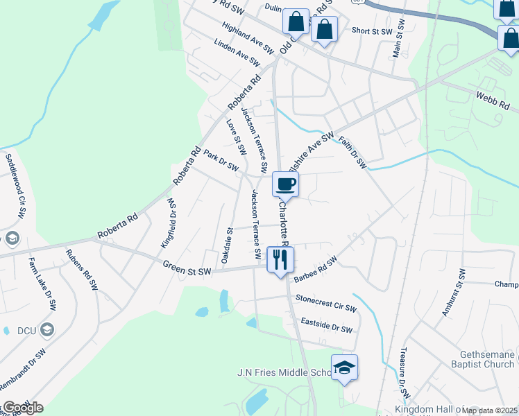 map of restaurants, bars, coffee shops, grocery stores, and more near 673 Jackson Terrace Southwest in Concord