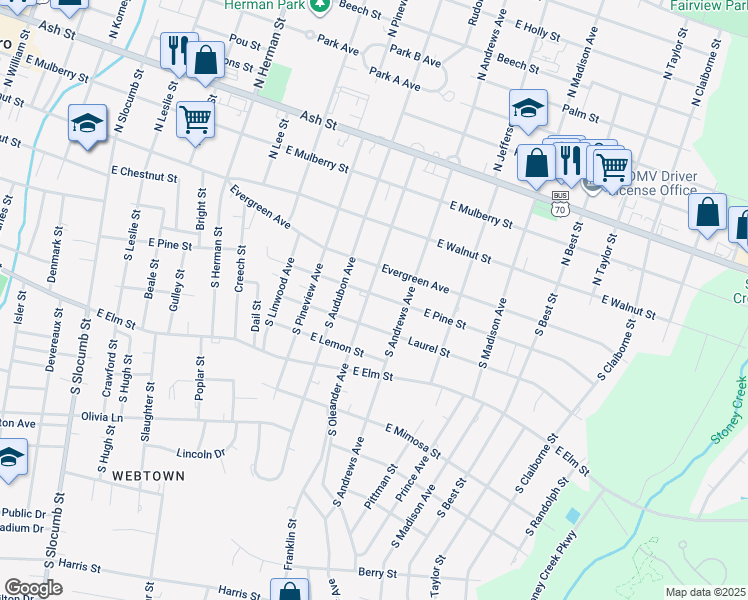 map of restaurants, bars, coffee shops, grocery stores, and more near 300 South Oleander Avenue in Goldsboro