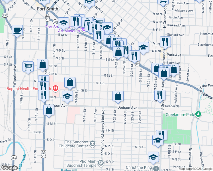 map of restaurants, bars, coffee shops, grocery stores, and more near 923 South 20th Street in Fort Smith