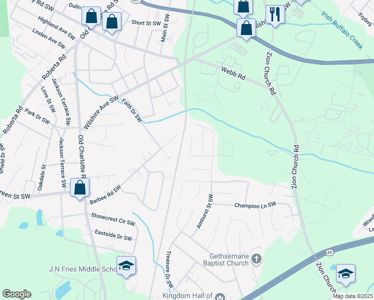 map of restaurants, bars, coffee shops, grocery stores, and more near 523 Railway Place Southwest in Concord
