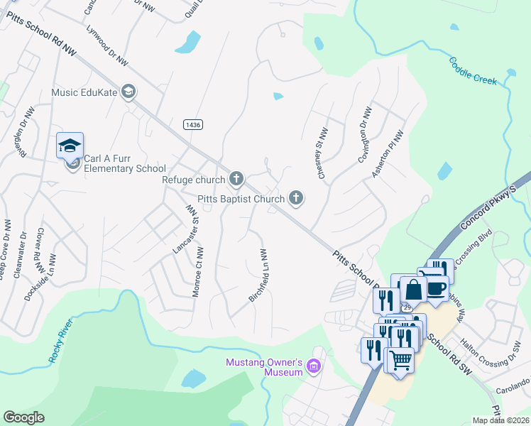 map of restaurants, bars, coffee shops, grocery stores, and more near 175 Pitts School Road Northwest in Concord
