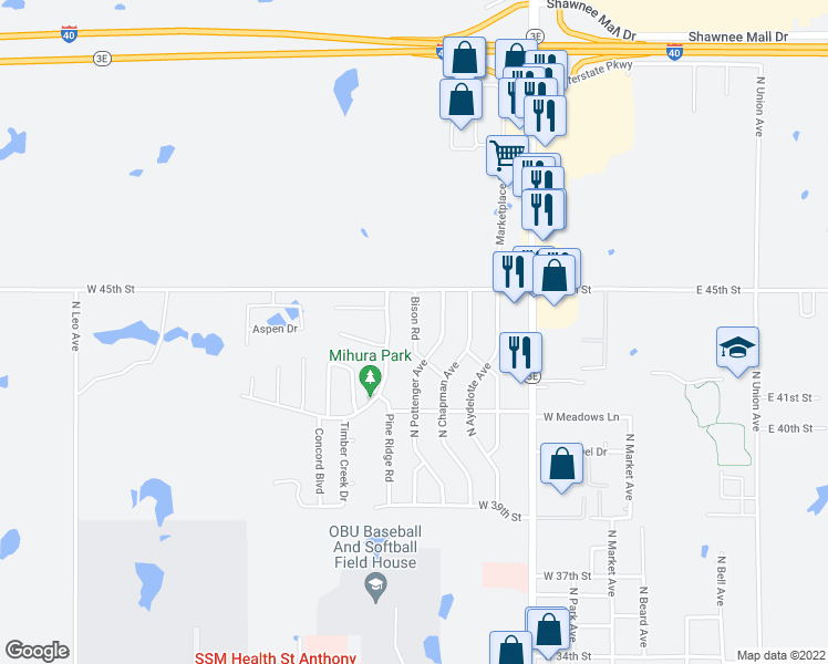 map of restaurants, bars, coffee shops, grocery stores, and more near 4401 Bison Drive in Shawnee