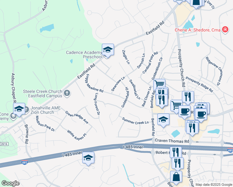 map of restaurants, bars, coffee shops, grocery stores, and more near 9282 Foggy Meadow Road in Charlotte